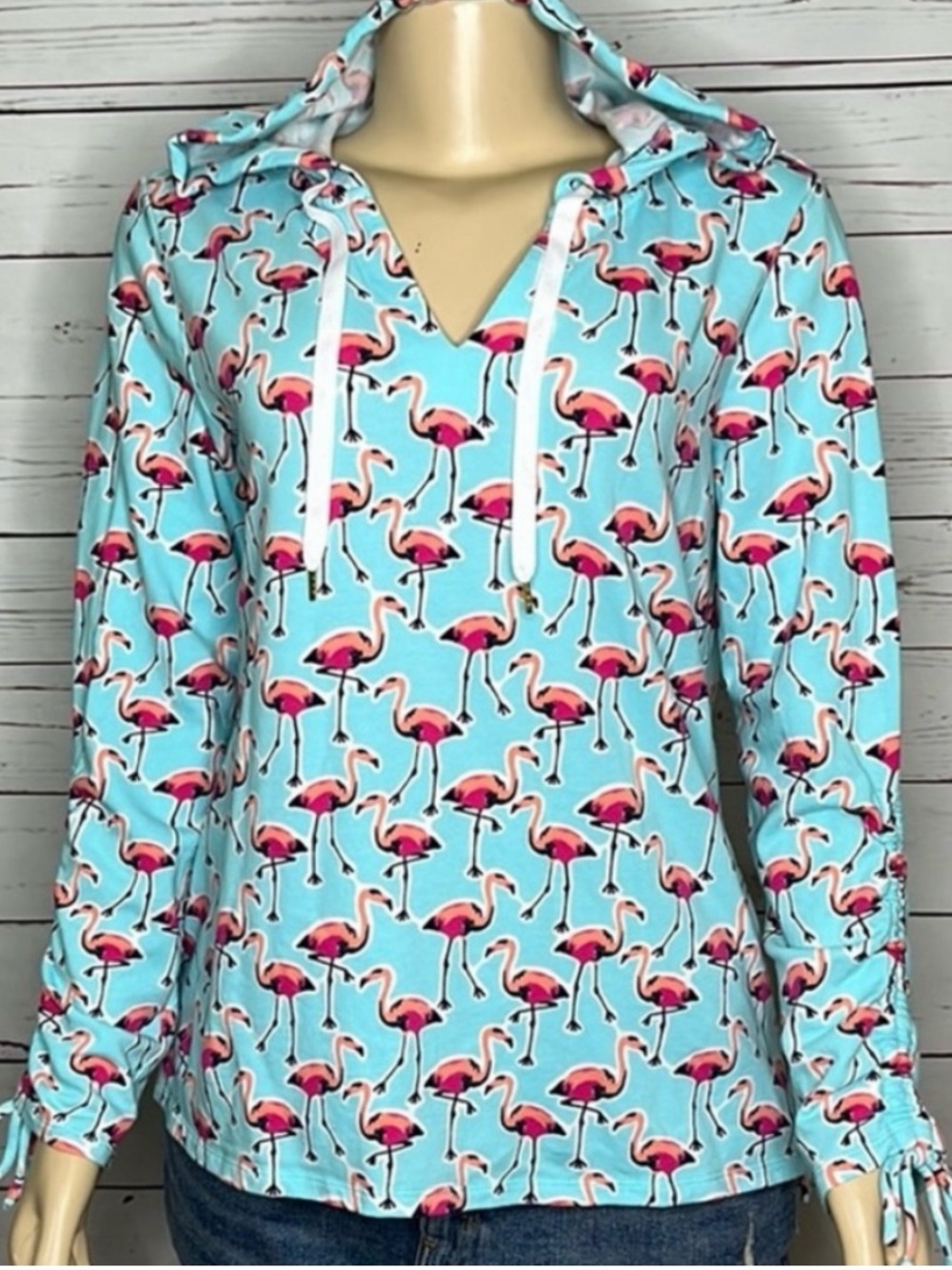 Crown & Ivy NEW Flamingo Hooded Pullover Top Turquoise Pink White Womens XL